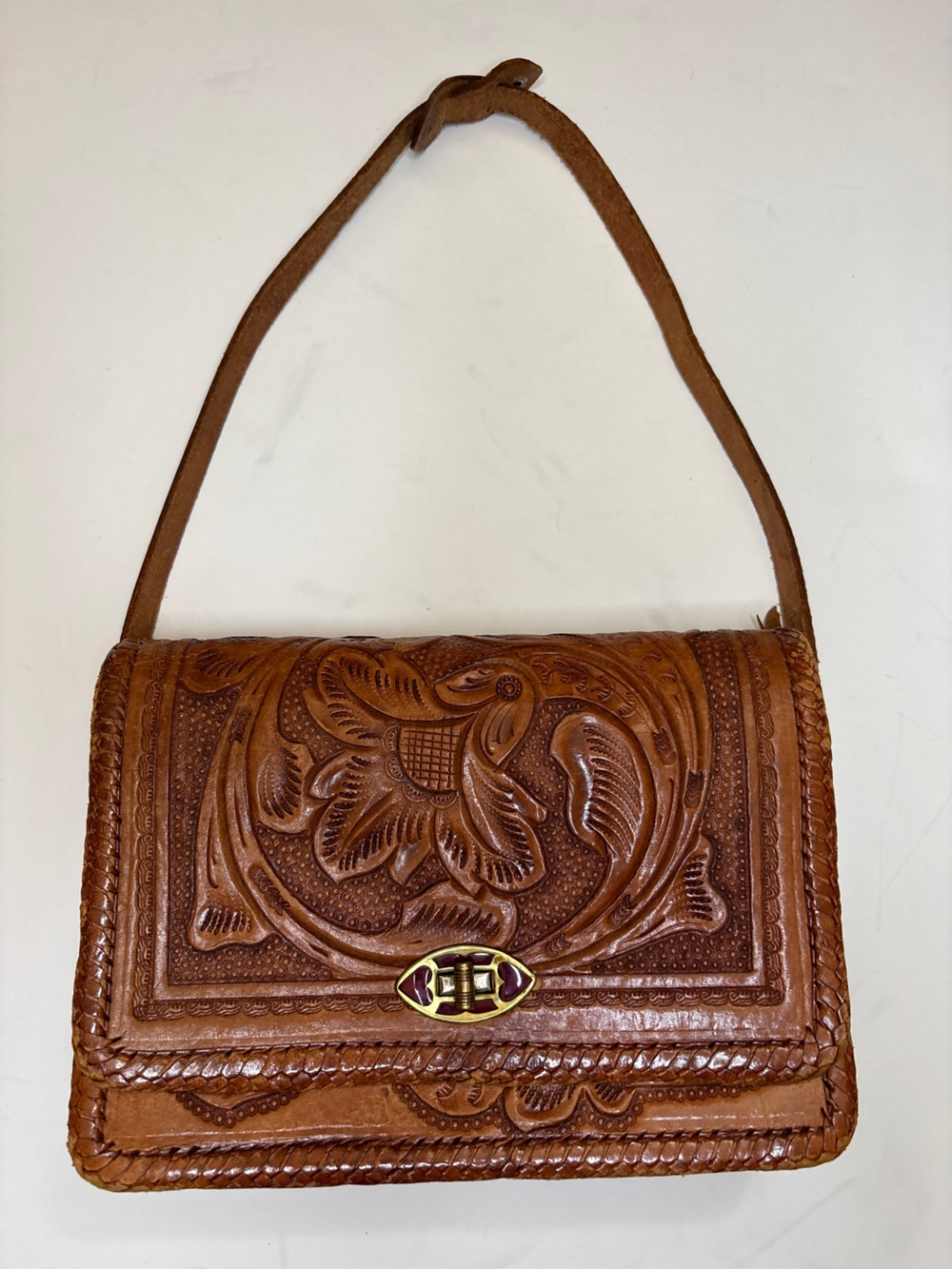 Vintage hand tooled leather embossed, floral and fish motif shoulder bag